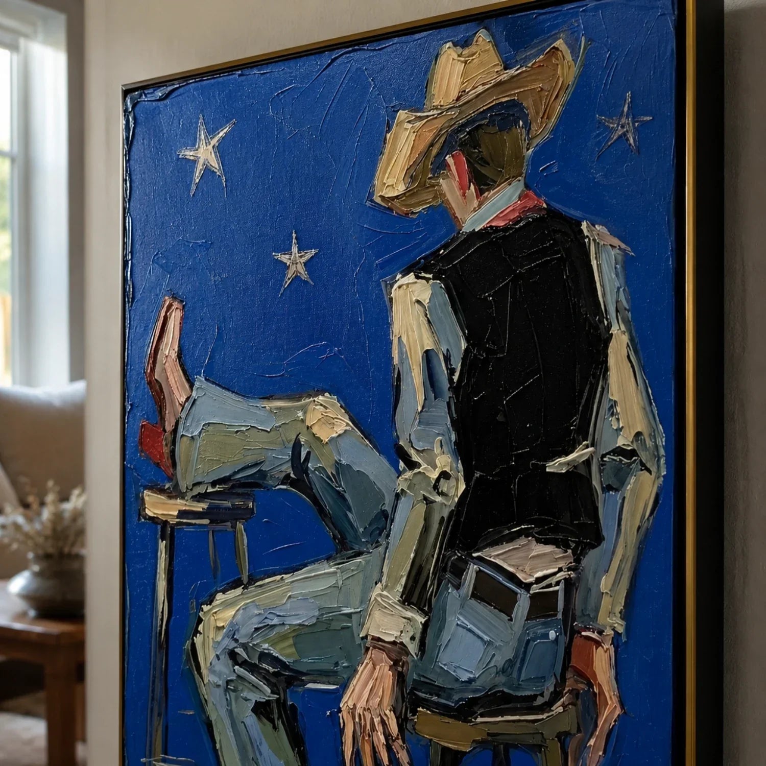 Impasto Cowboy on Blue Night Wall Art