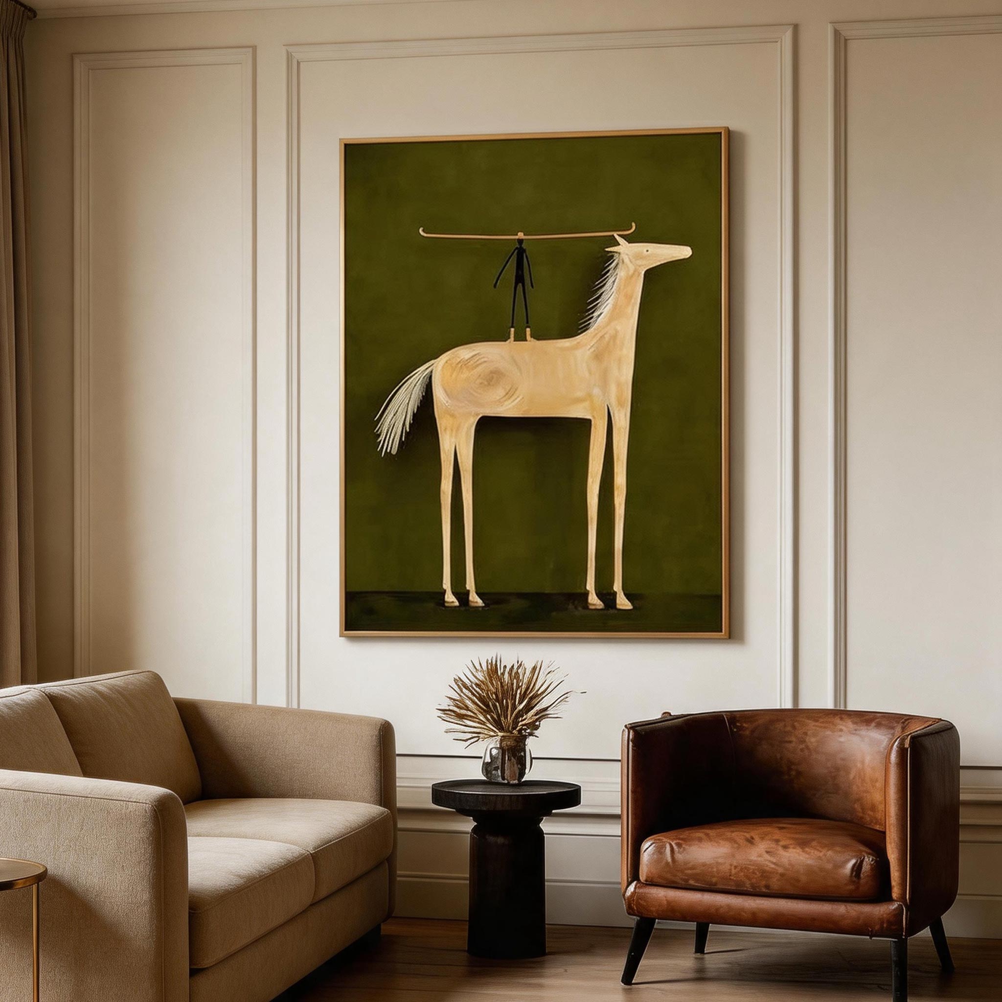 Balance — Primitive Stick Figure & Cream Horse Canvas Wall Art on Olive Green