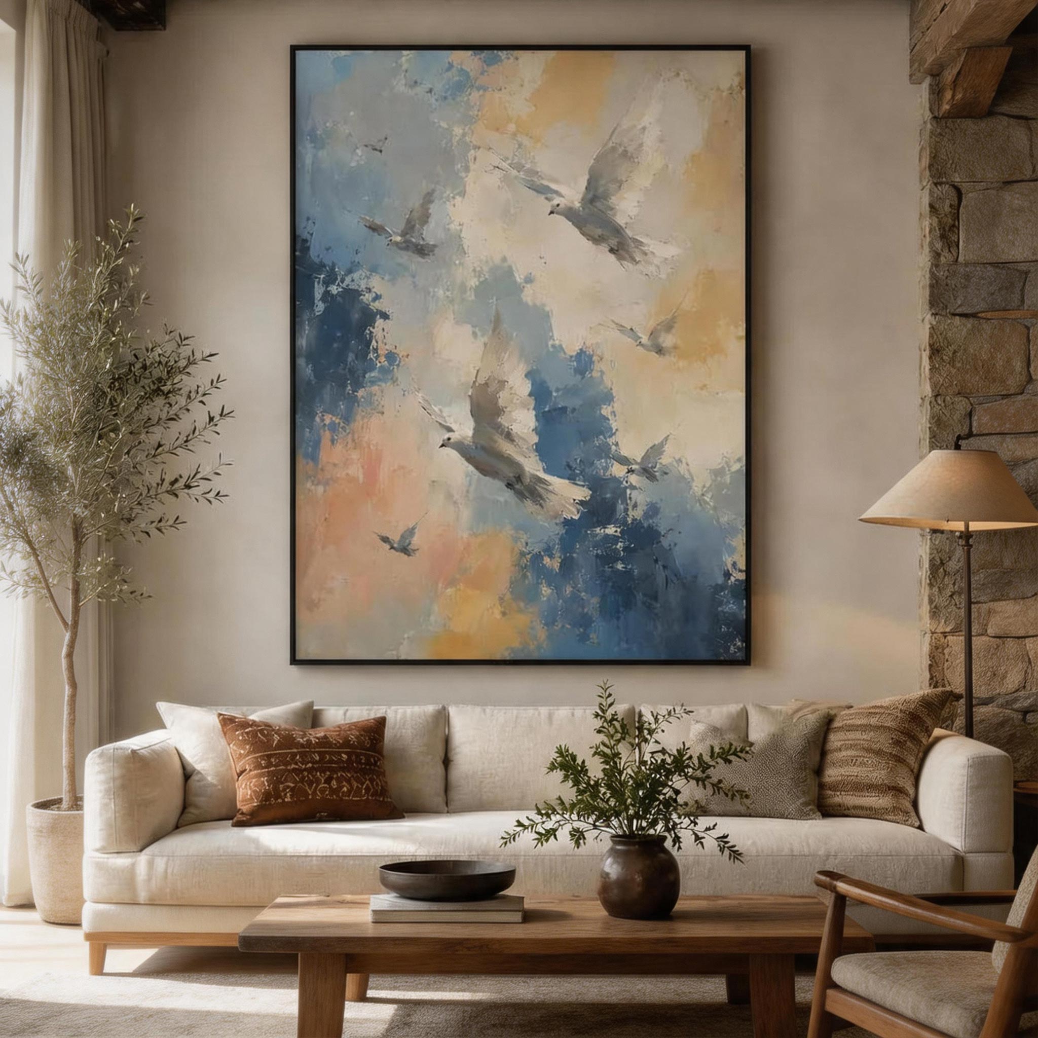 Taking Flight — Abstract Birds Canvas Wall Art in Blue & Gold