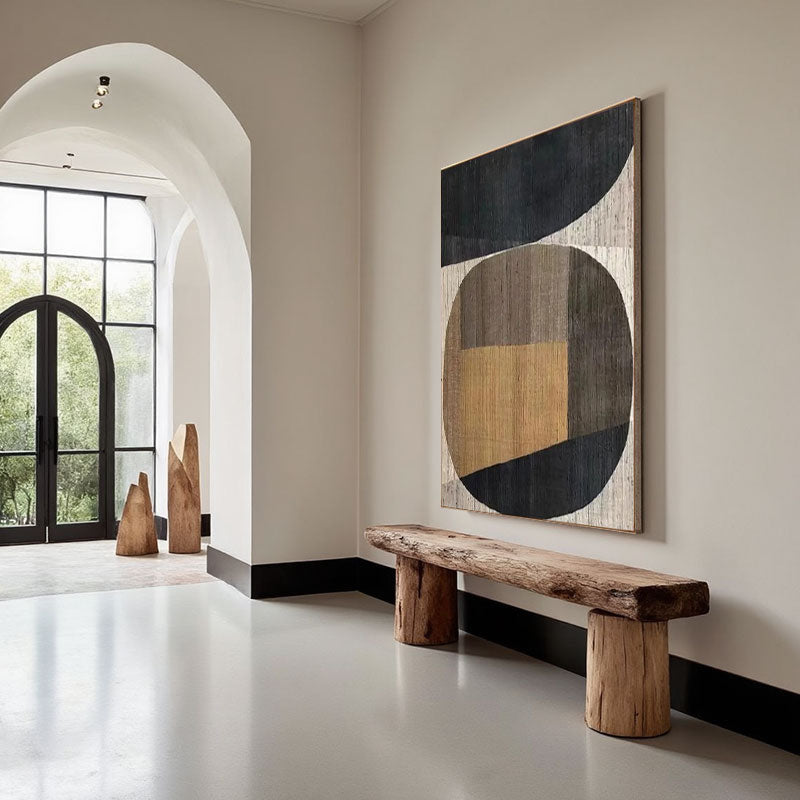 Hand-Painted Black, Tan & Brown Geometric Wall Art