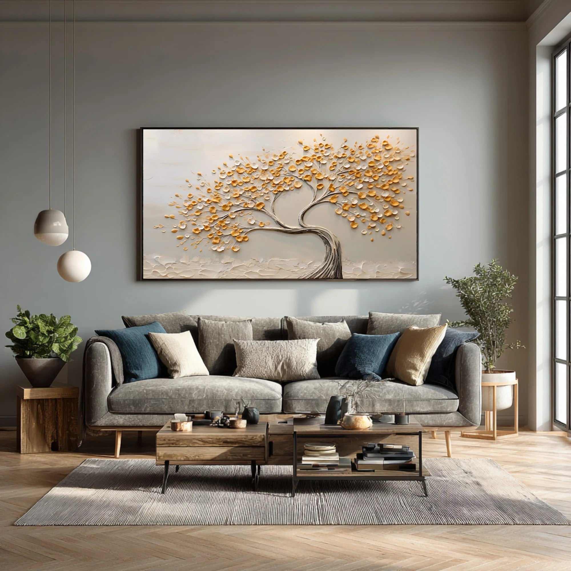 3D Textured Golden Leaves Tree Wall Art