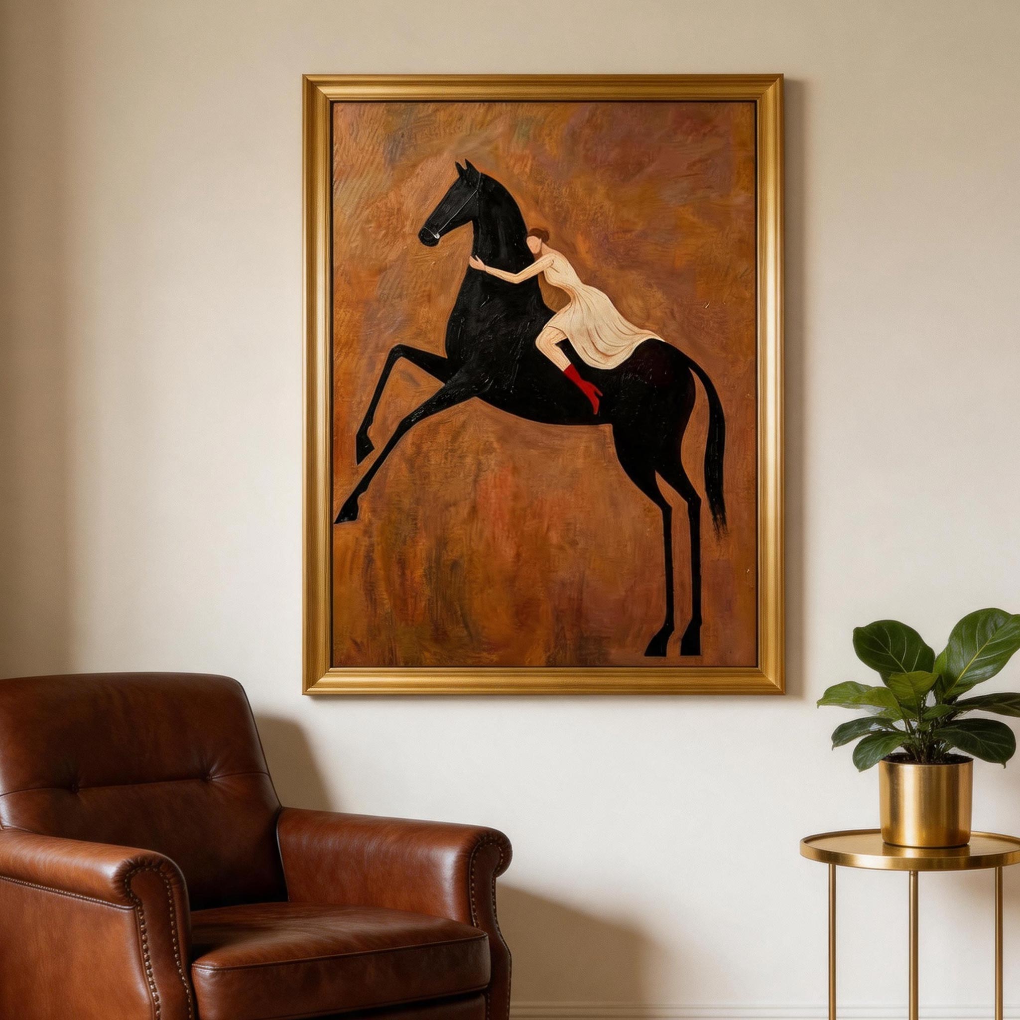 The Leap — Woman & Rearing Black Horse Canvas Wall Art