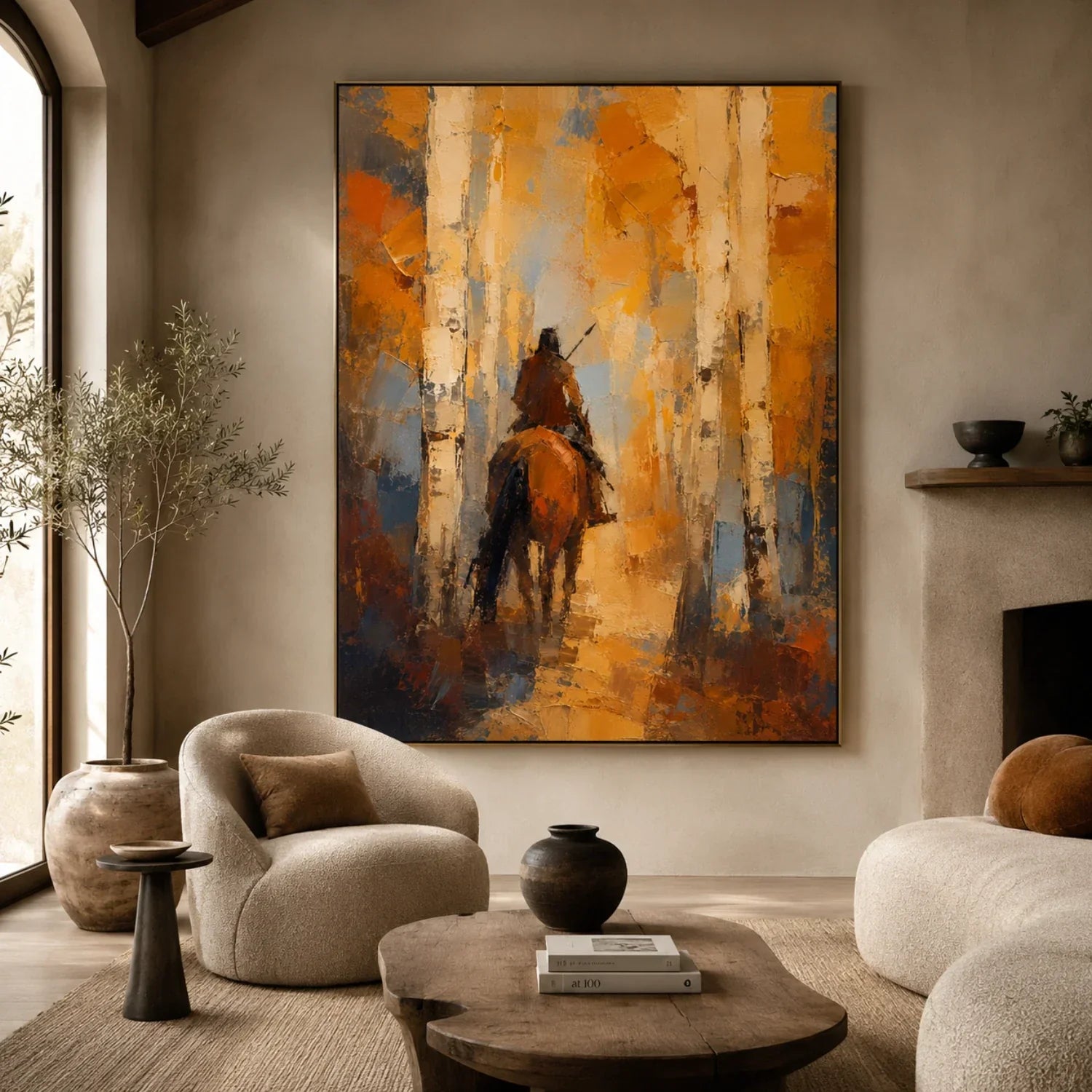 Impasto Rider Through Birch Forest Wall Art