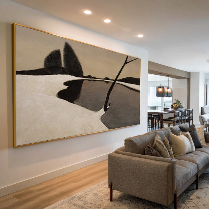 Solitude in Monochrome - Wabi Sabi Geometric Abstract Lake Wall Art
