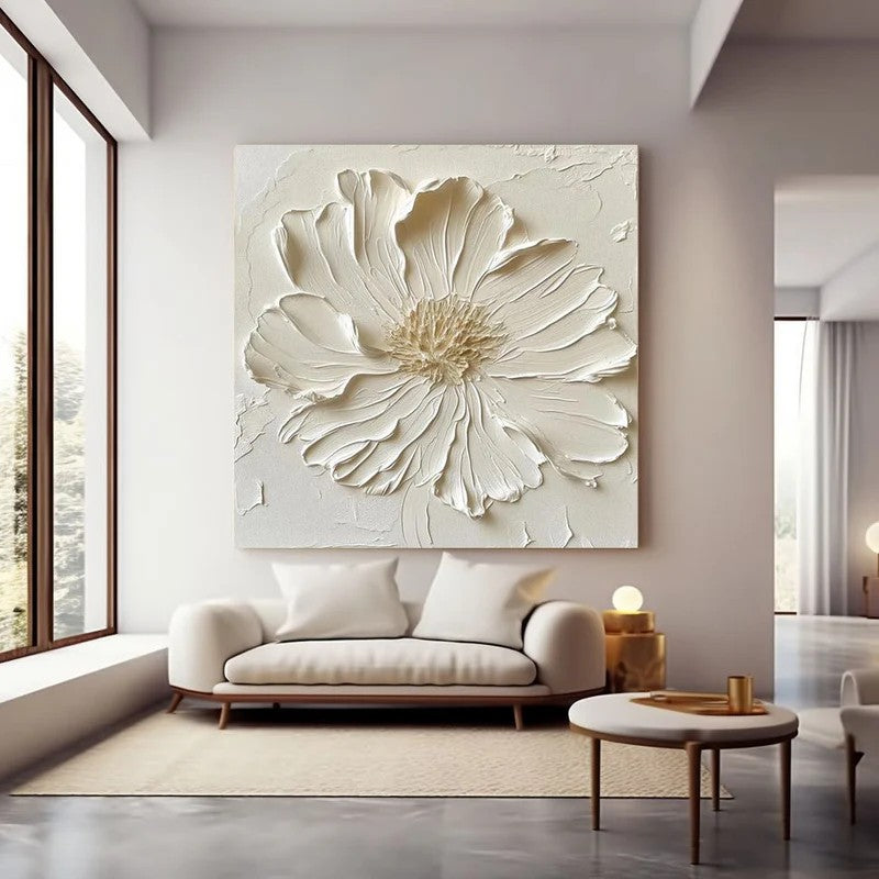 White Textured Flower Wall Art – Minimalist Relief Canvas