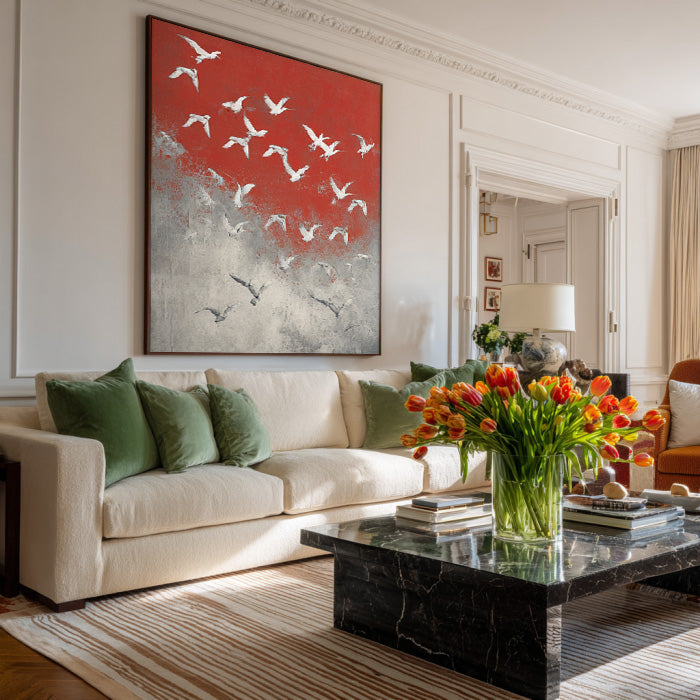 Symphony of Birds - Large Abstract Flying Birds Oil Painting