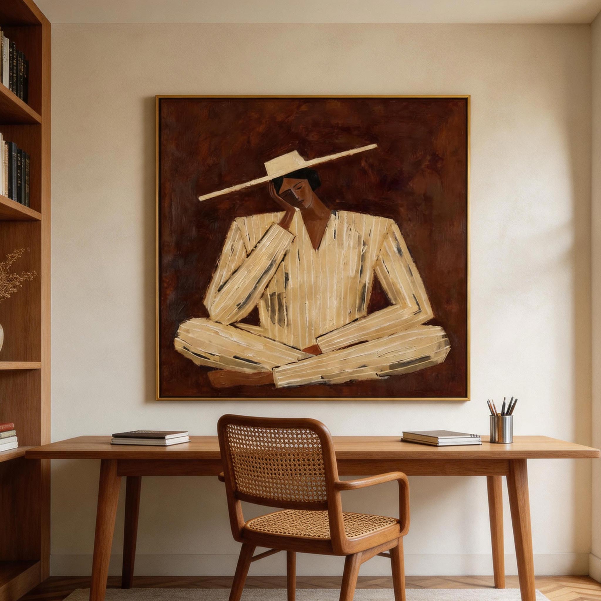 Still — Seated Figure in Wide Hat Canvas Wall Art, Ochre & Oxblood