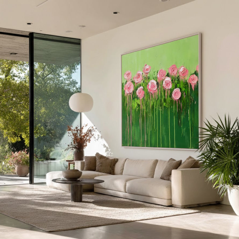Spring Garden - Modern Impasto Drip Pink Rose Wall Art
