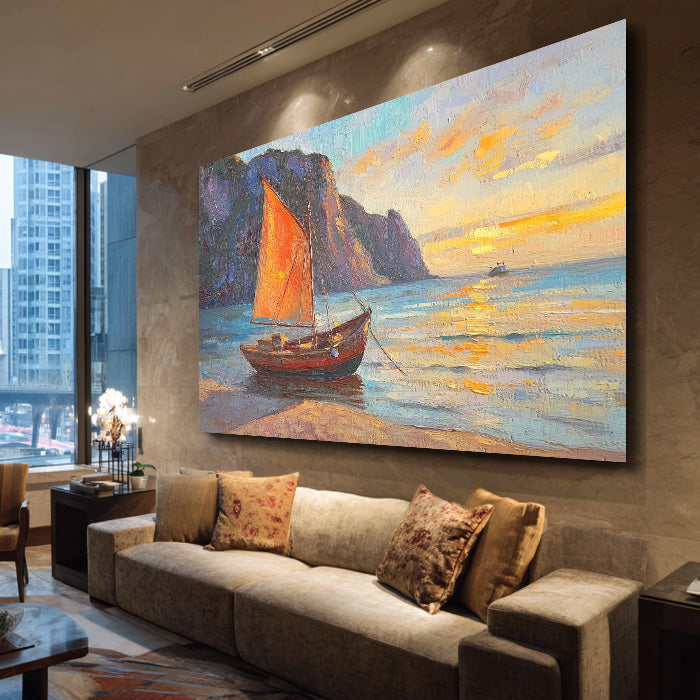 The Orange Sail at Sunset - Modern Impressionist Sailboat Seascape Wall Art