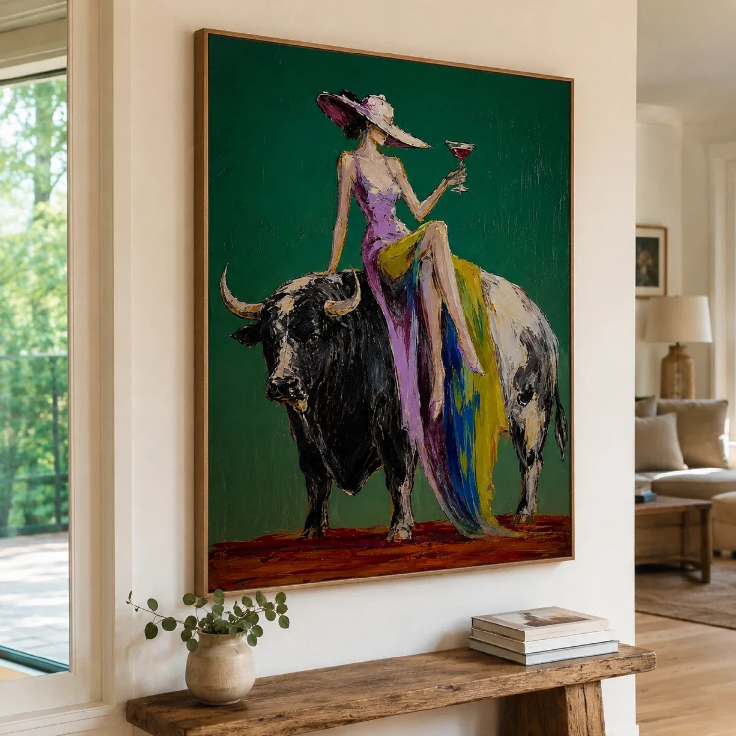 Woman Riding Bull on Emerald Wall Art
