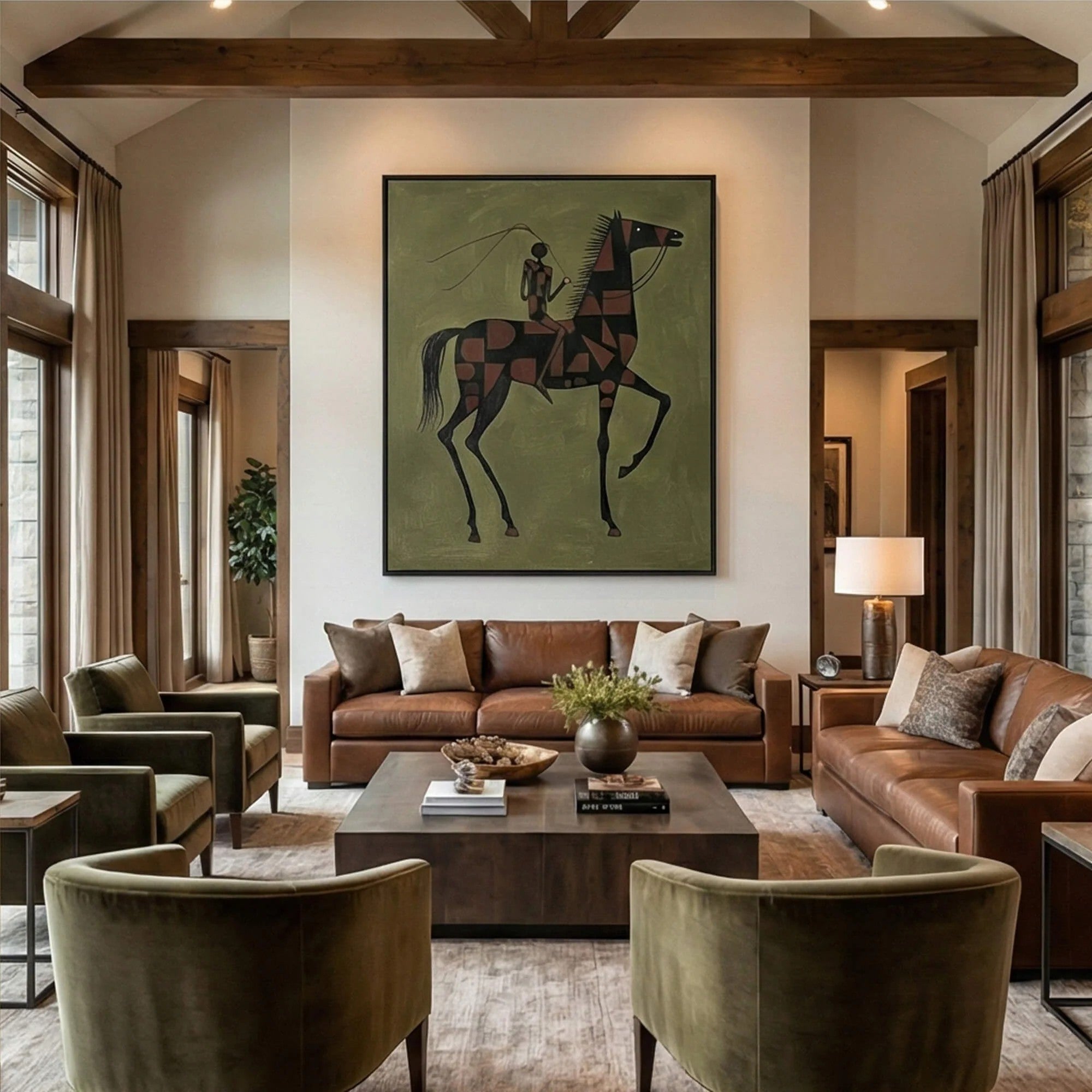 Rustic Folk Checkered Horse & Rider Wall Art