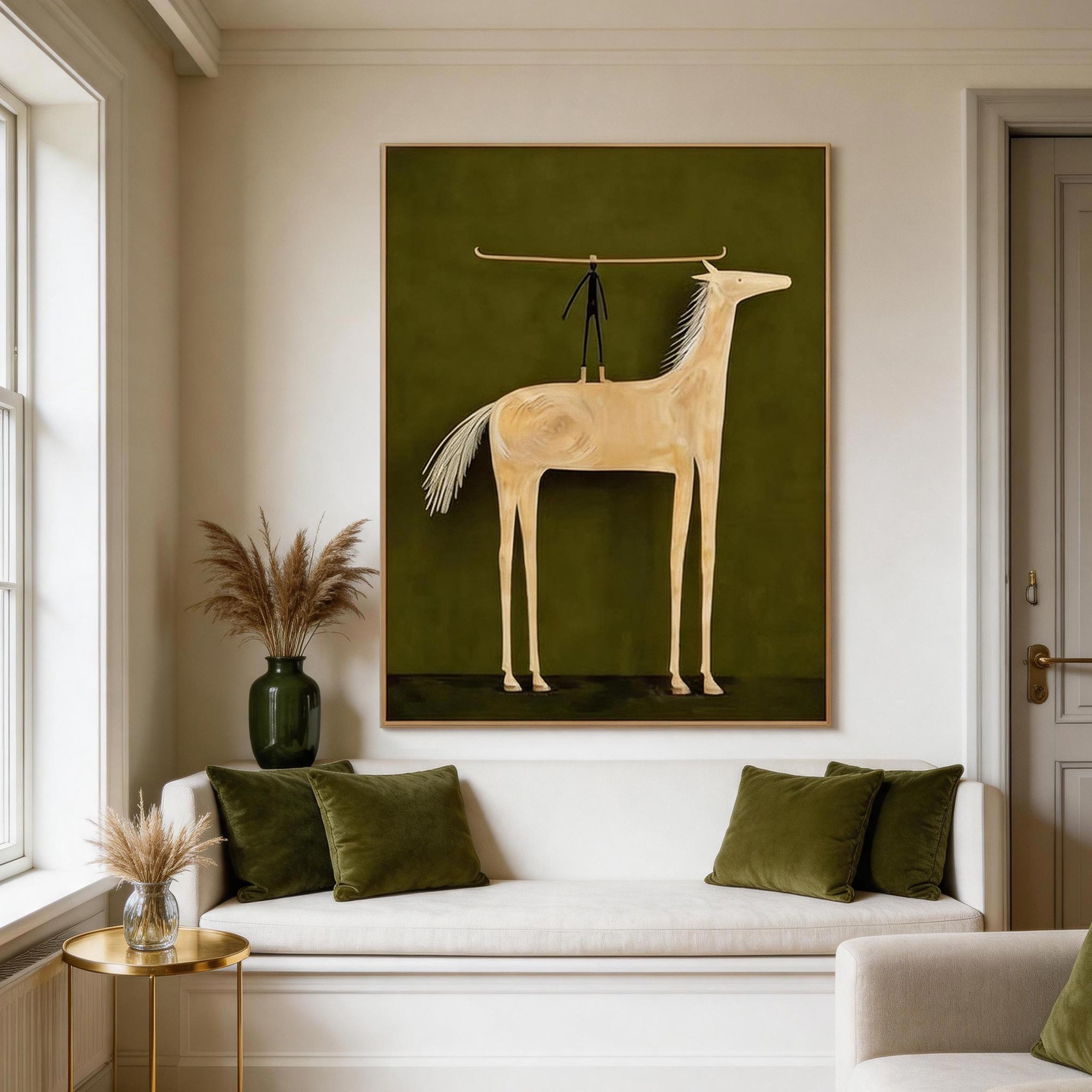 Balance — Primitive Stick Figure & Cream Horse Canvas Wall Art on Olive Green