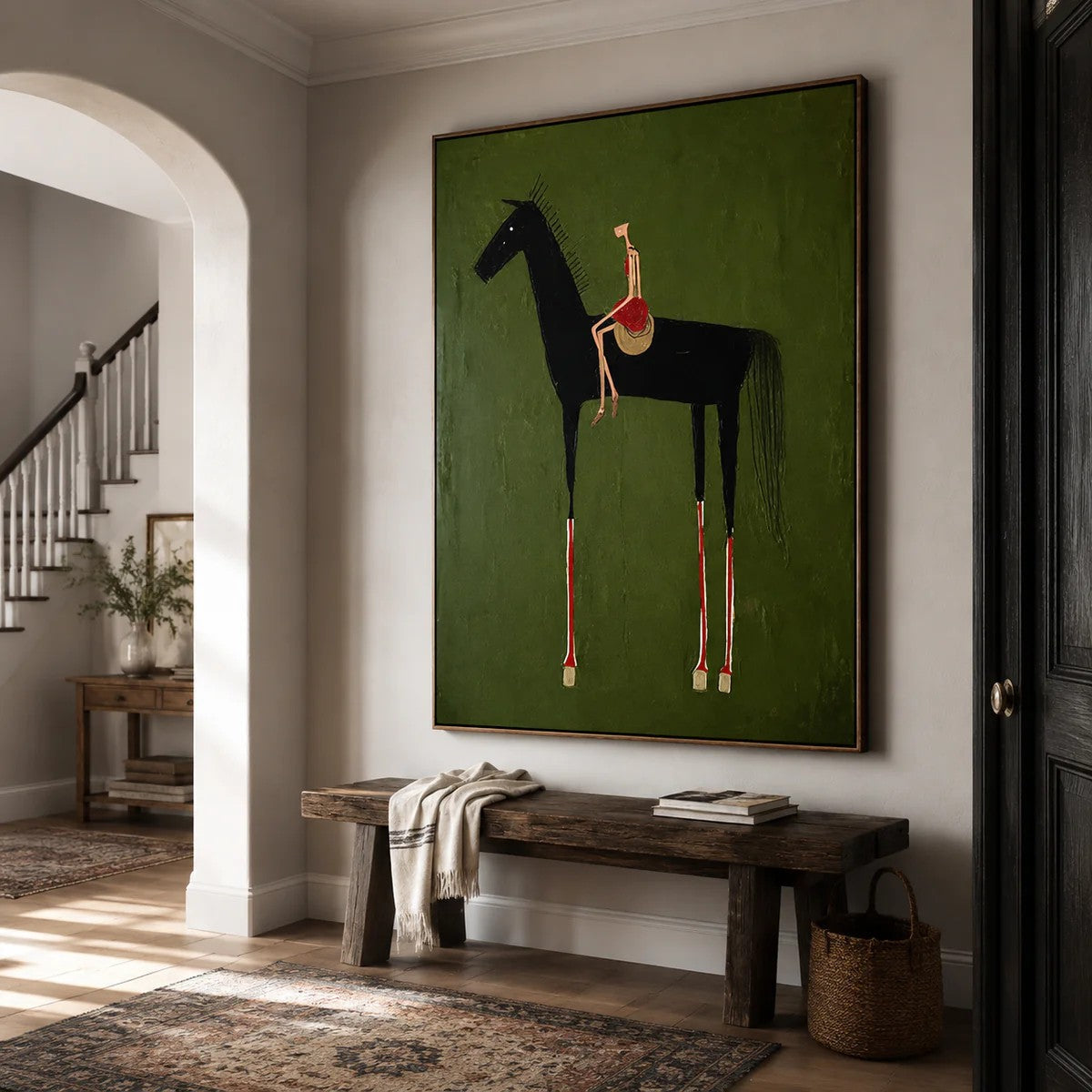 Rustic Folk Elongated Rider on Black Horse Wall Art