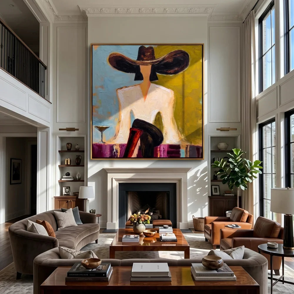 Flat-Toned Wide Brim Hat Figure Wall Art