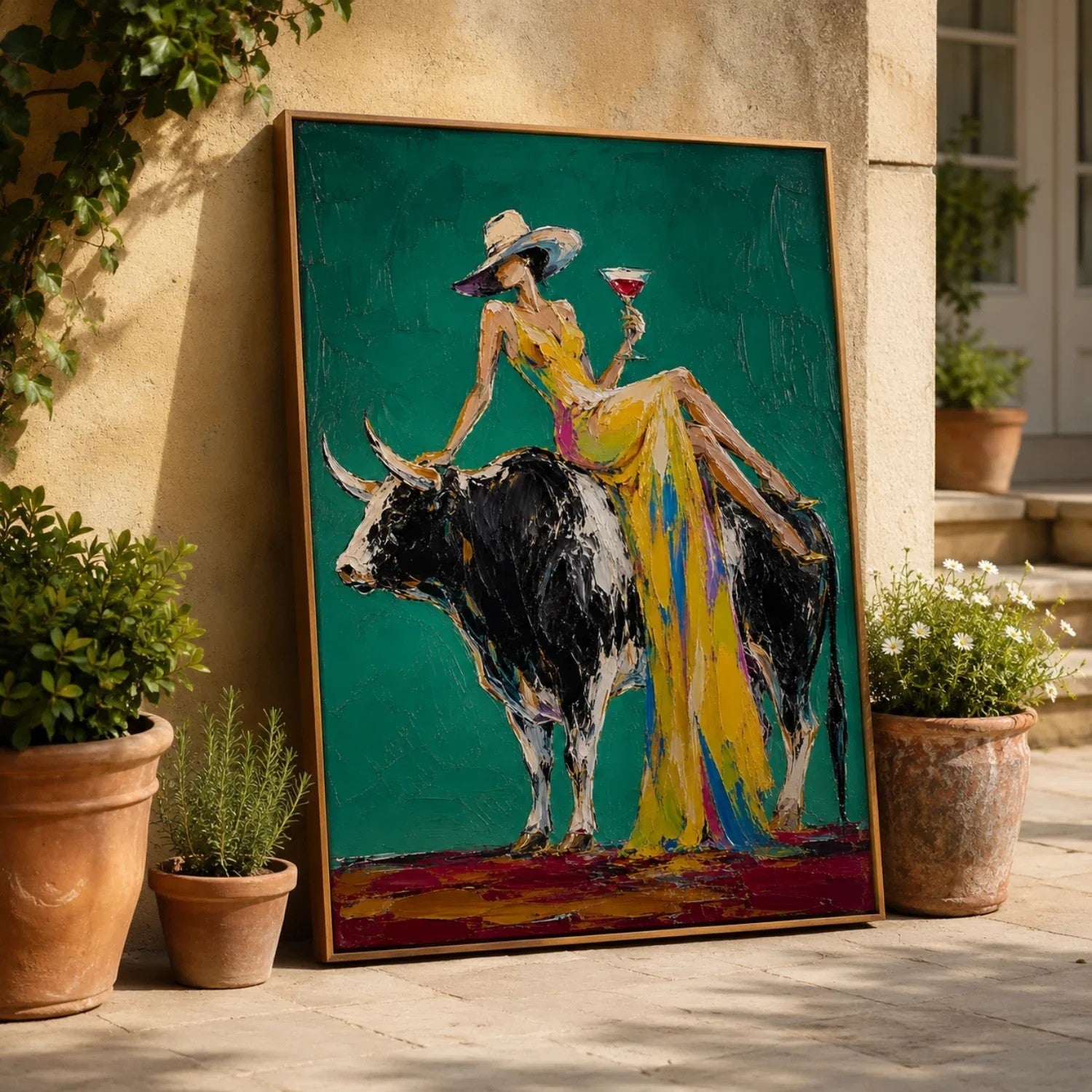 Woman in Gold Riding Bull on Emerald Wall Art