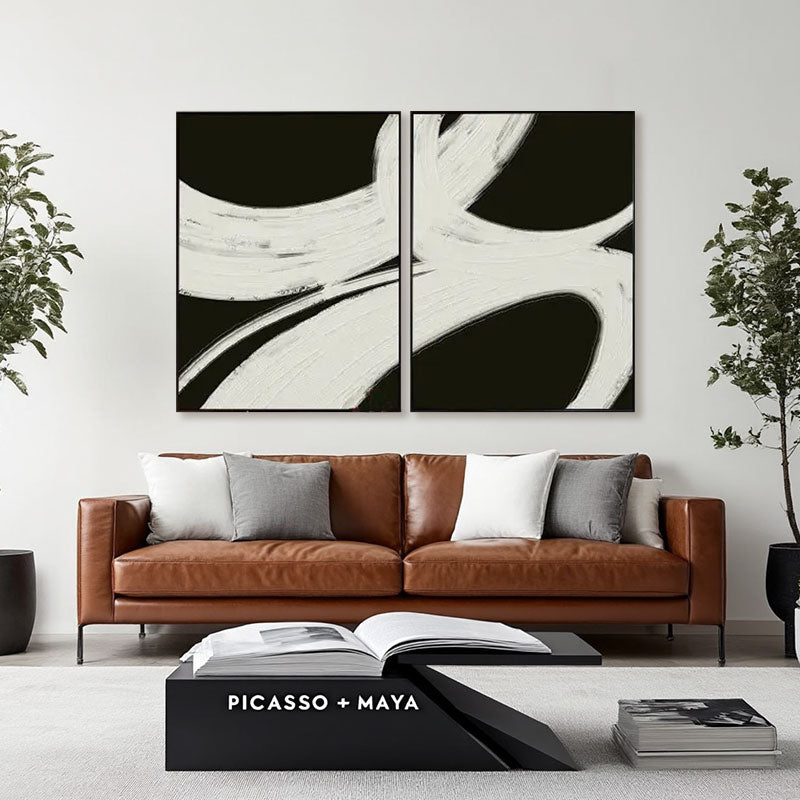 Hand-Painted Black Swirl Wall Art Set of 2