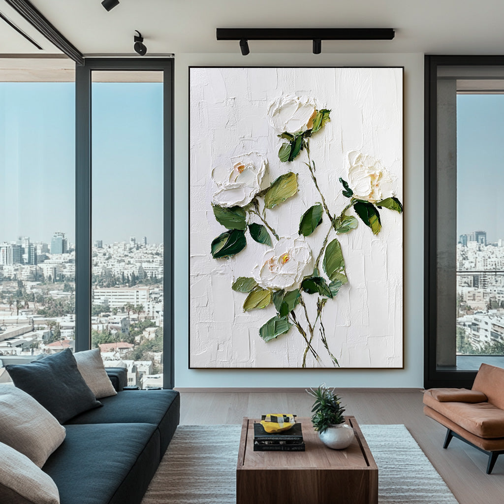 White Gentleness - Modern Impasto White Rose Wall Art