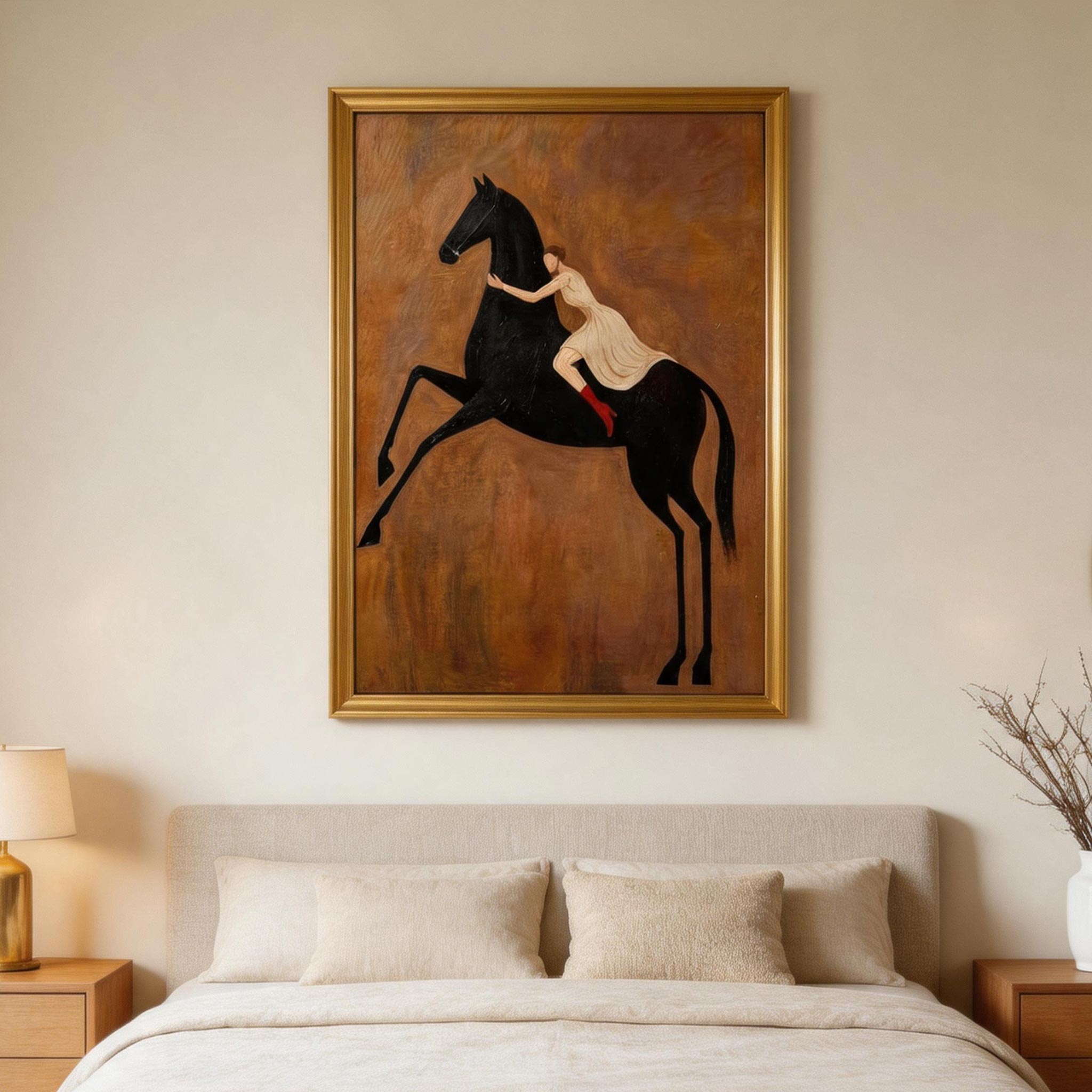 The Leap — Woman & Rearing Black Horse Canvas Wall Art
