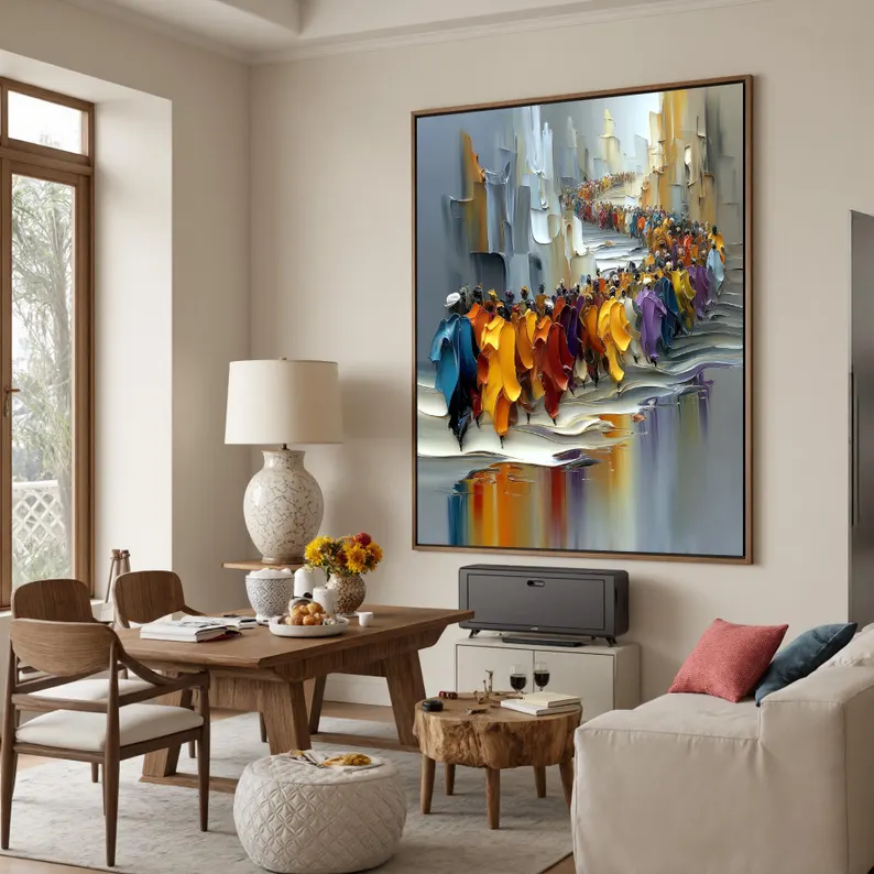 Large Colorful Crowd Procession Canvas Painting
