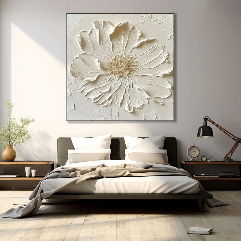 White Textured Flower Wall Art – Minimalist Relief Canvas