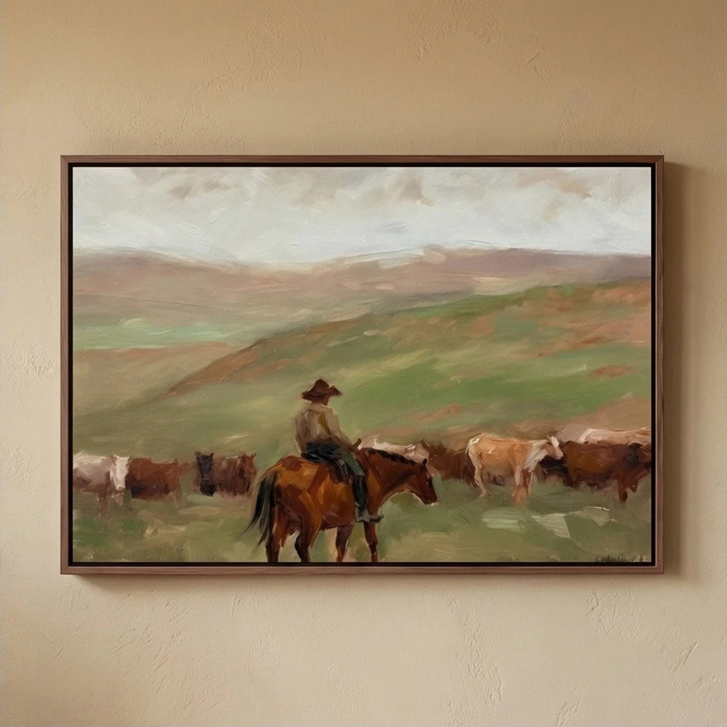Cowboy with Cattle on Prairie Wall Art