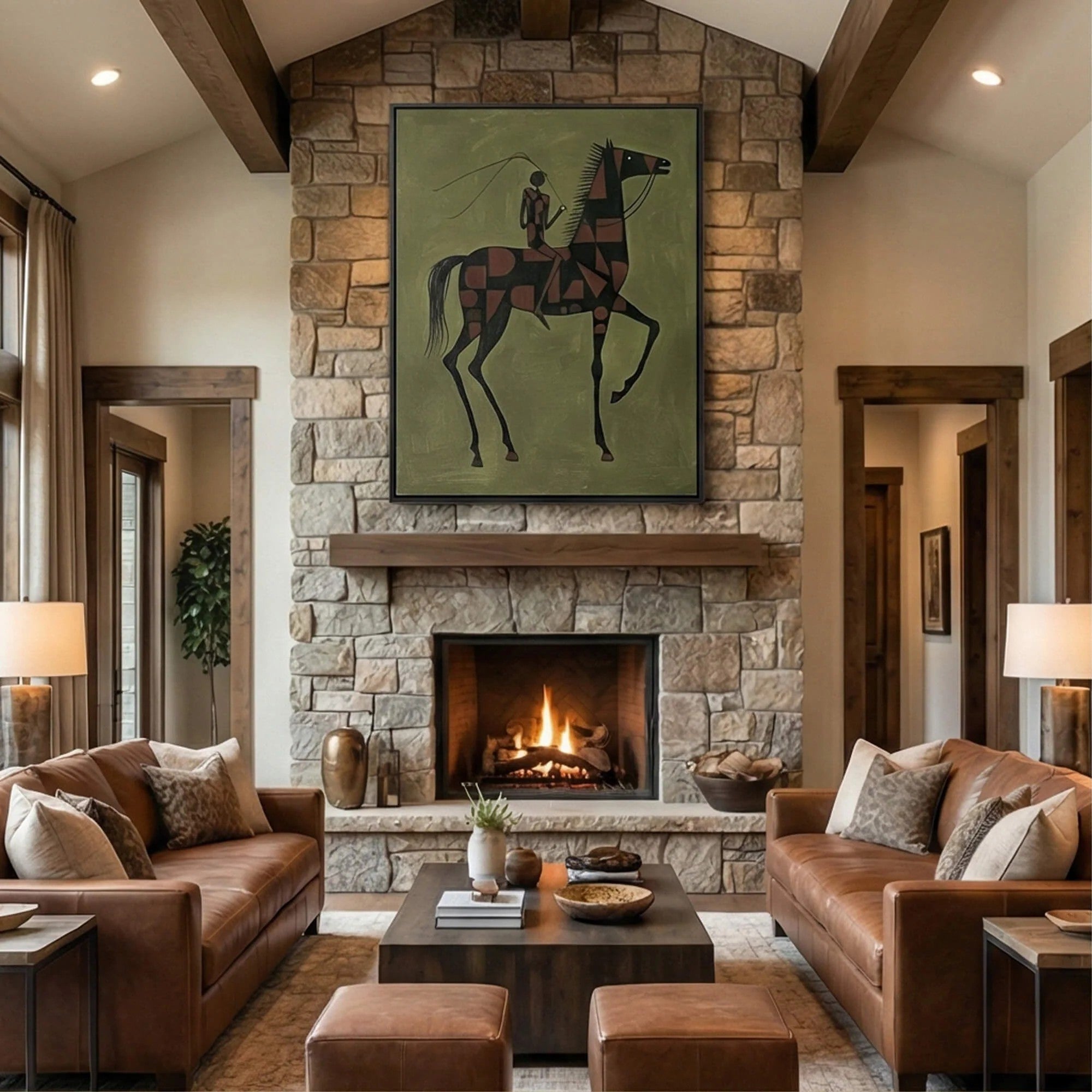 Rustic Folk Checkered Horse & Rider Wall Art