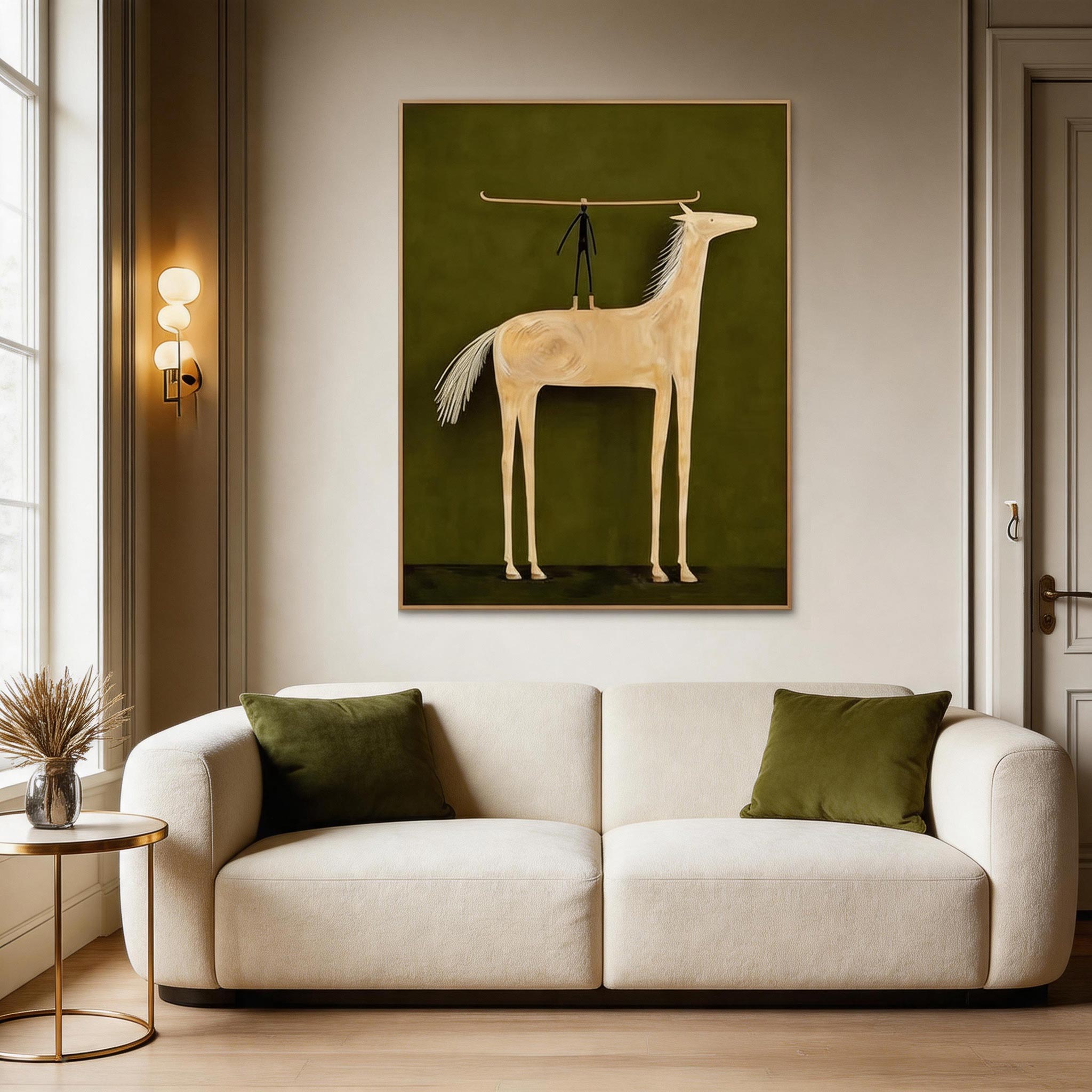Balance — Primitive Stick Figure & Cream Horse Canvas Wall Art on Olive Green