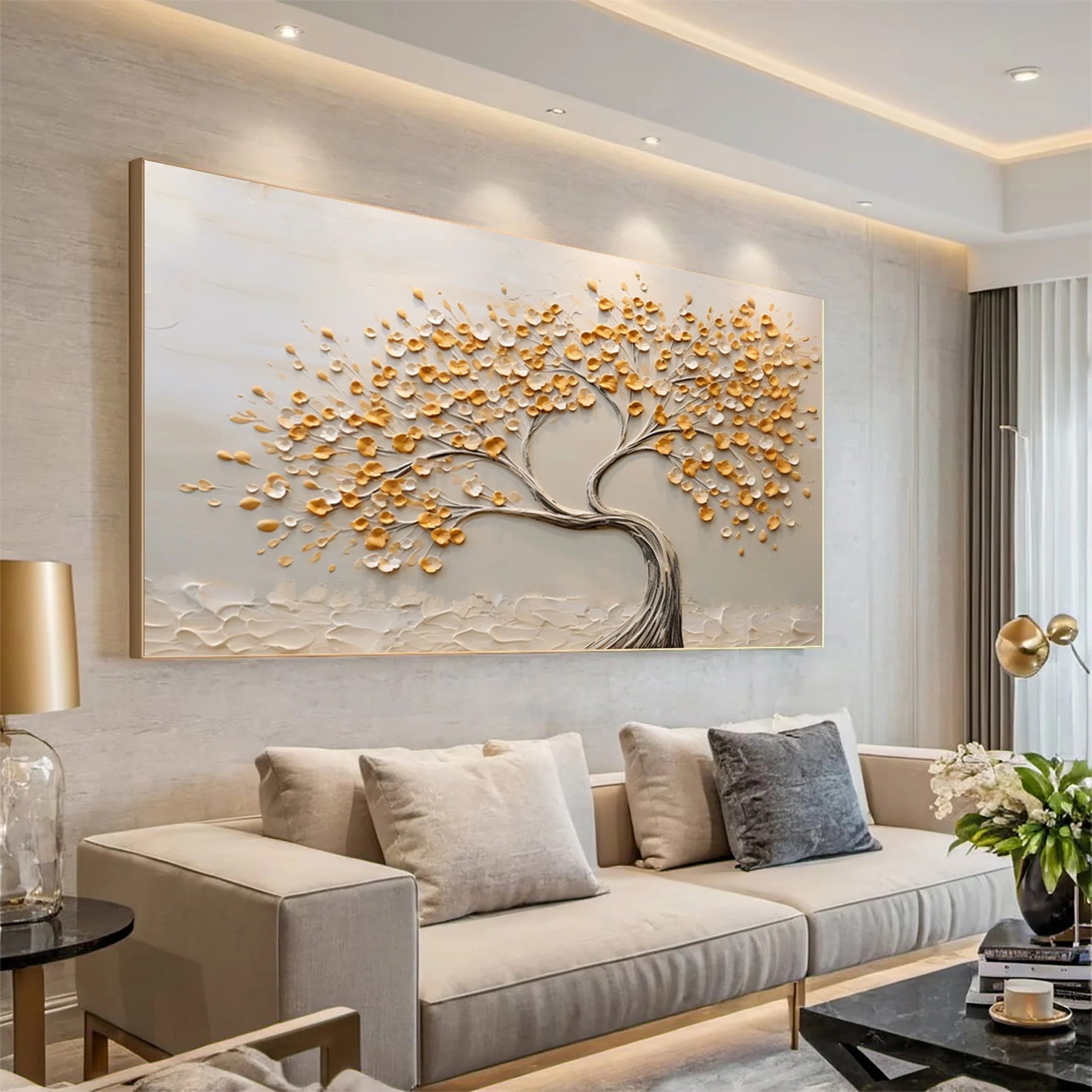 3D Textured Golden Leaves Tree Wall Art