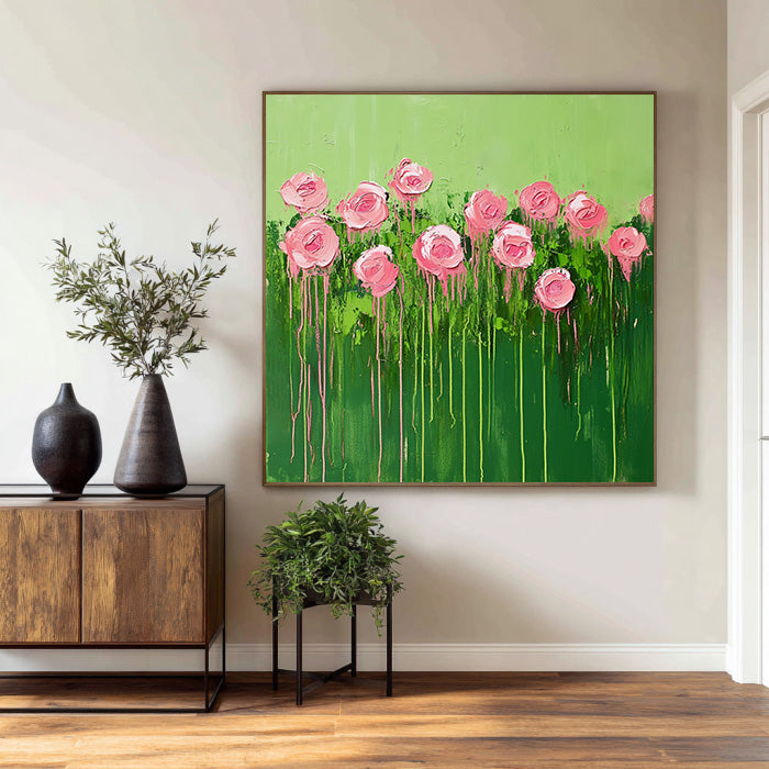 Spring Garden - Modern Impasto Drip Pink Rose Wall Art