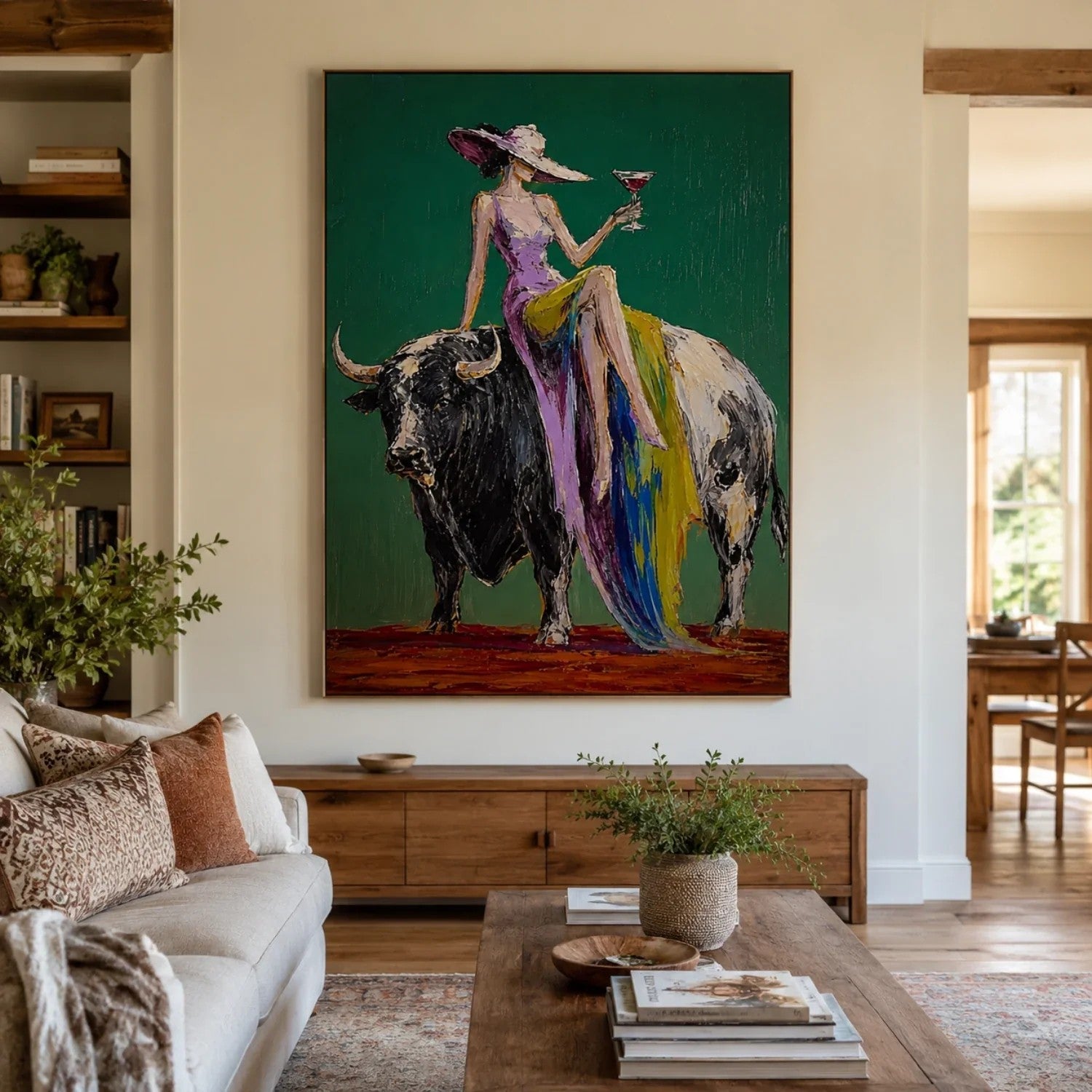 Woman Riding Bull on Emerald Wall Art