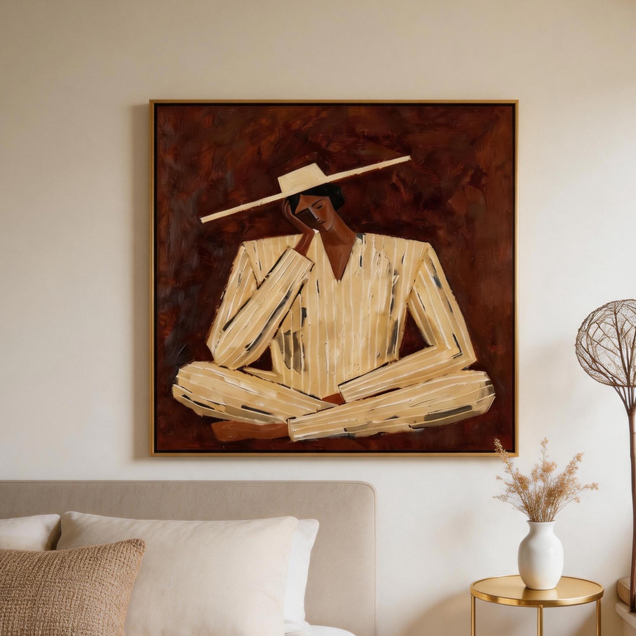 Still — Seated Figure in Wide Hat Canvas Wall Art, Ochre & Oxblood