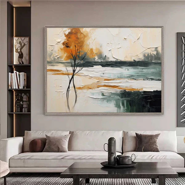 Abstract Landscape Tree Wall Art – Modern Textured Canvas Painting in Warm Tones