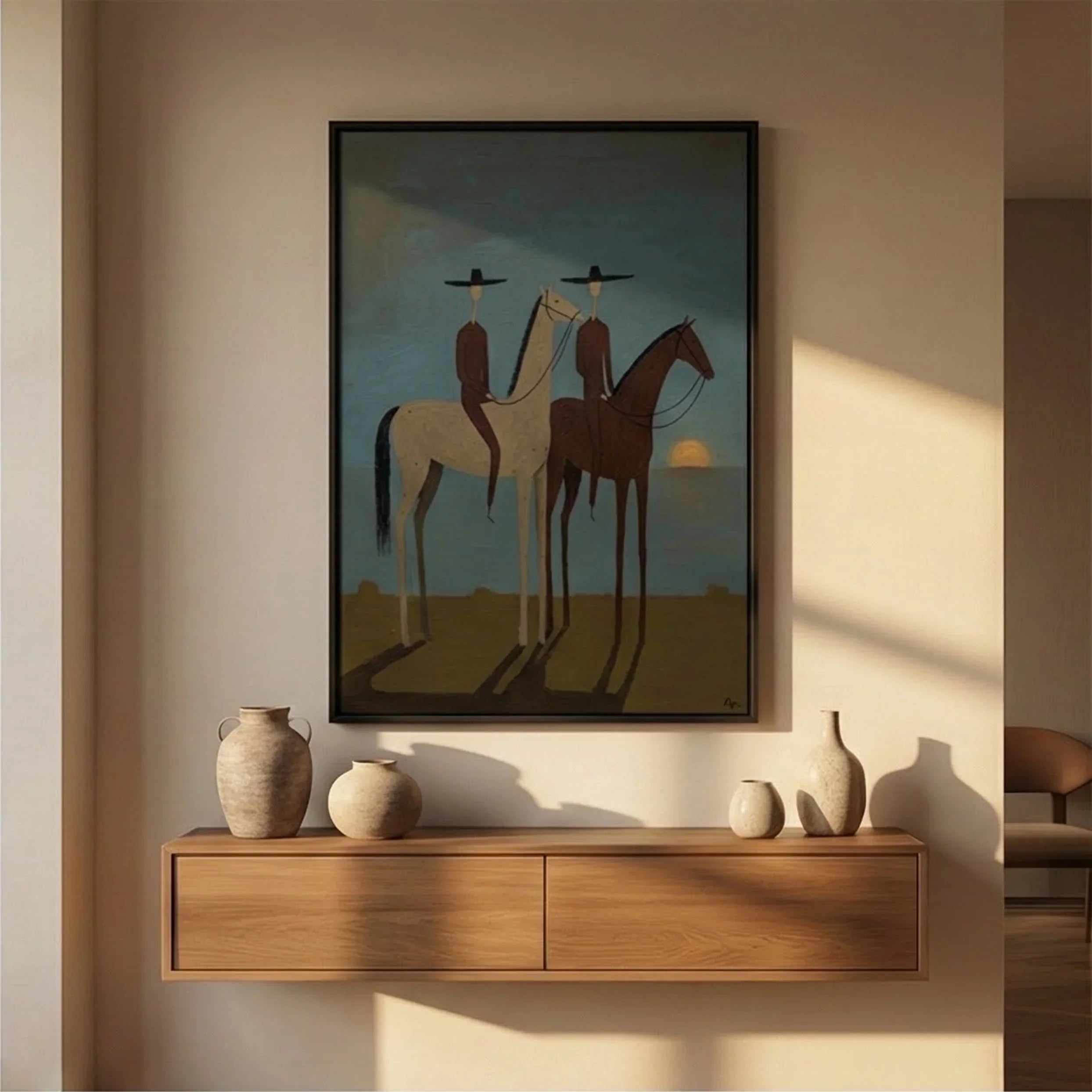 Sunset Horse Riders Wall Art – Modern Equestrian Canvas Painting