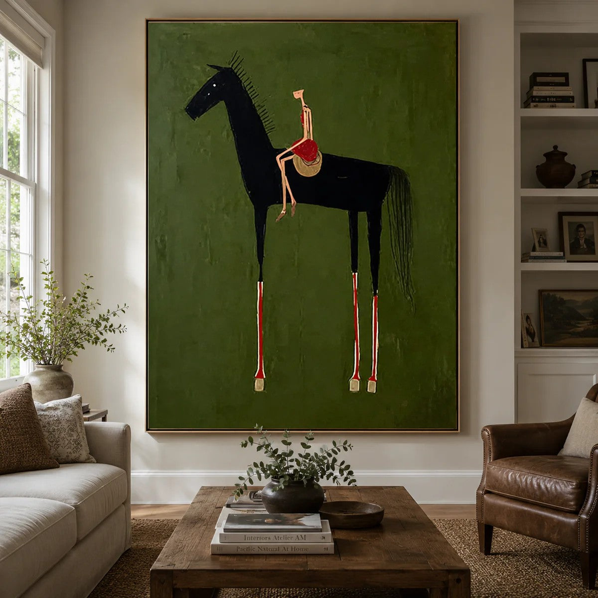 Rustic Folk Elongated Rider on Black Horse Wall Art
