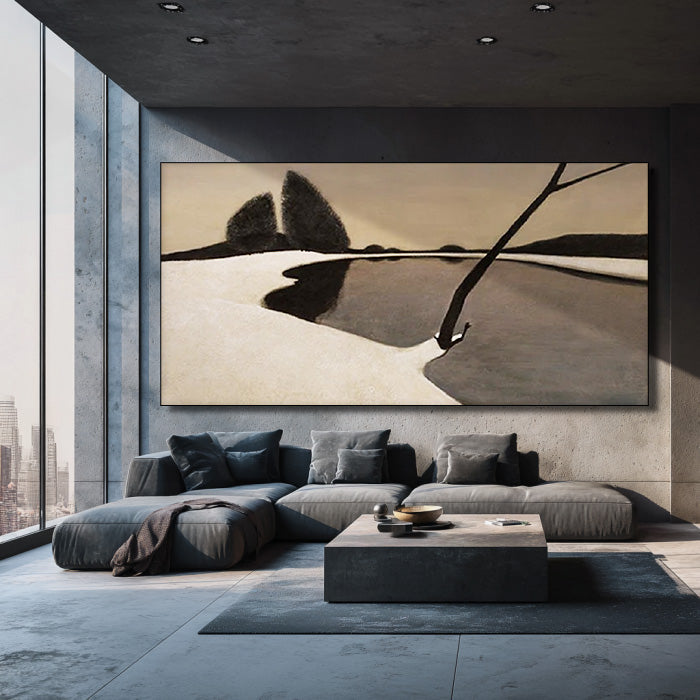 Solitude in Monochrome - Wabi Sabi Geometric Abstract Lake Wall Art