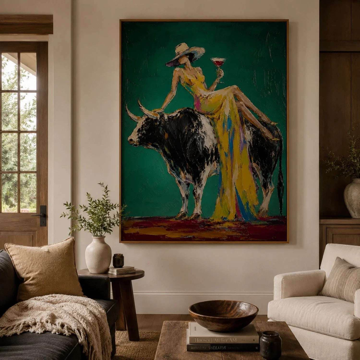 Woman in Gold Riding Bull on Emerald Wall Art