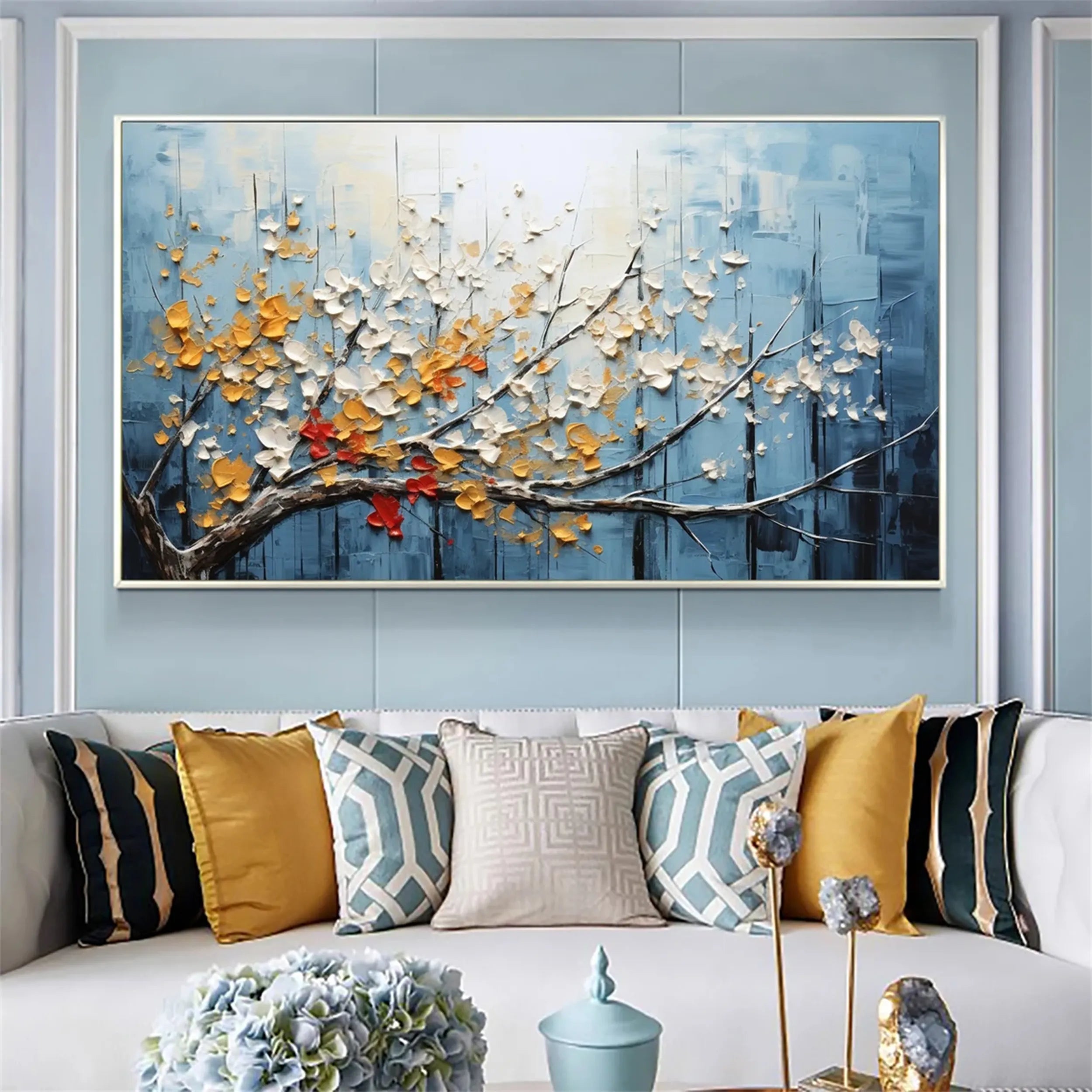 Textured Blue Red Gold Floral Wall Art