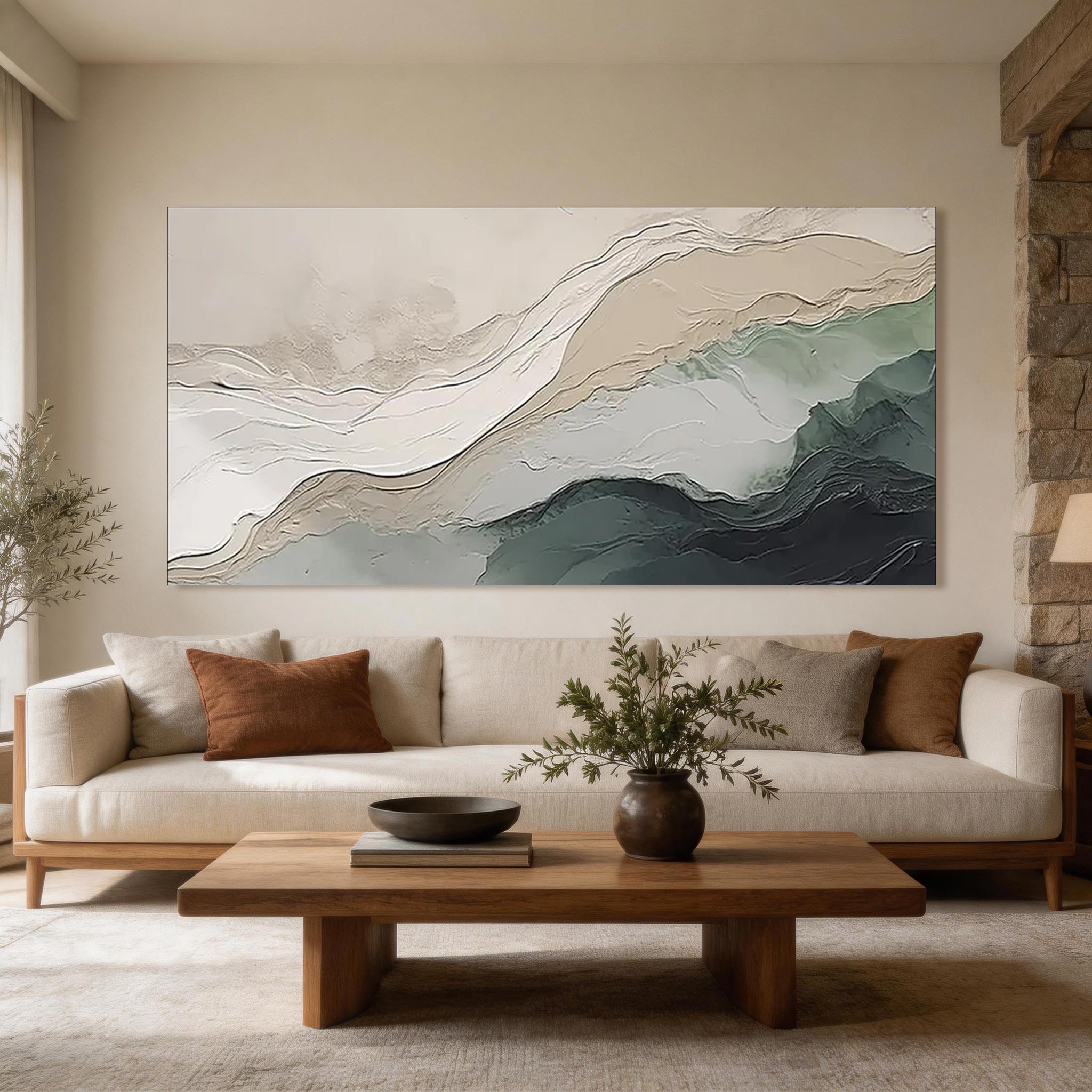 Tidal Layers — Abstract Landscape Canvas Art, Ivory & Sage Teal