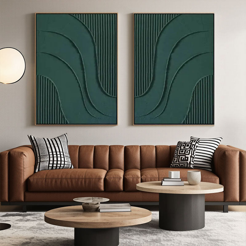 3D Textured Green Flowing Line Wall Art Set of 2