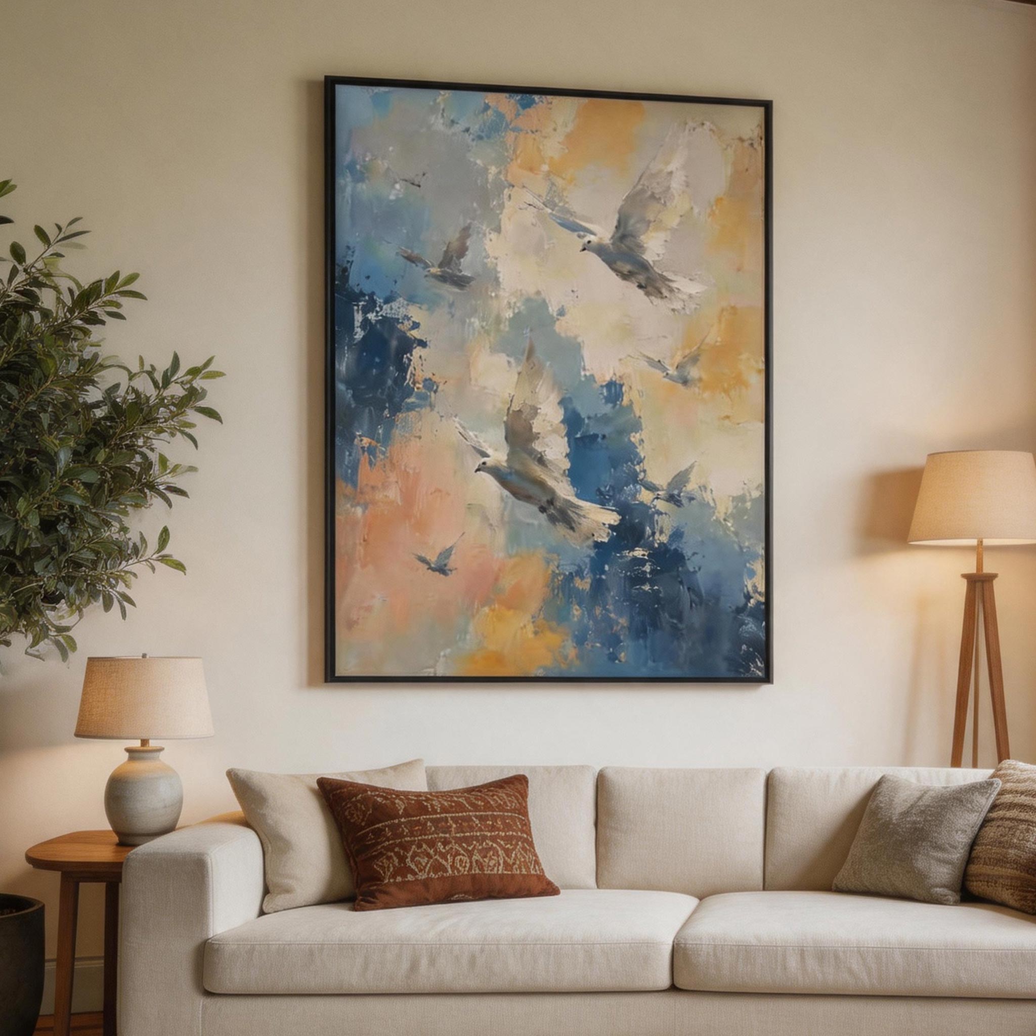 Taking Flight — Abstract Birds Canvas Wall Art in Blue & Gold