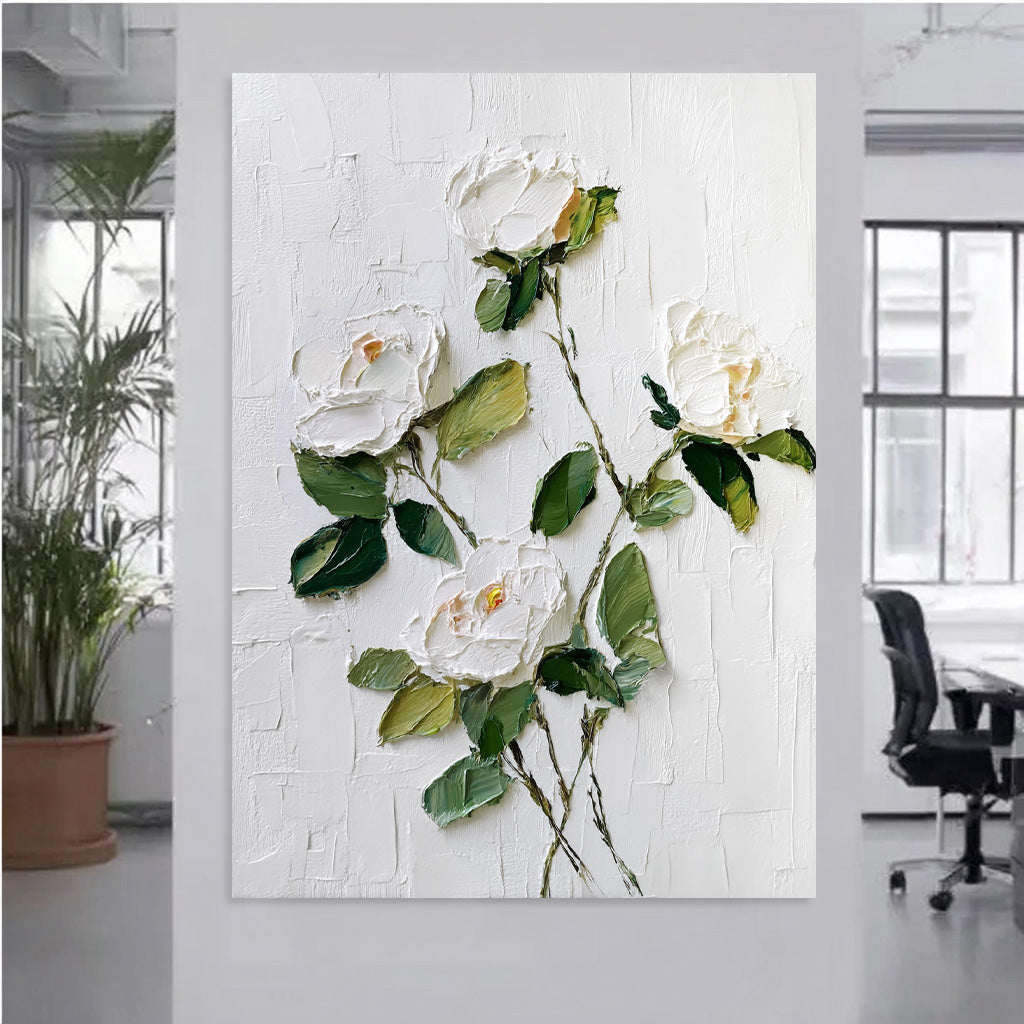 White Gentleness - Modern Impasto White Rose Wall Art