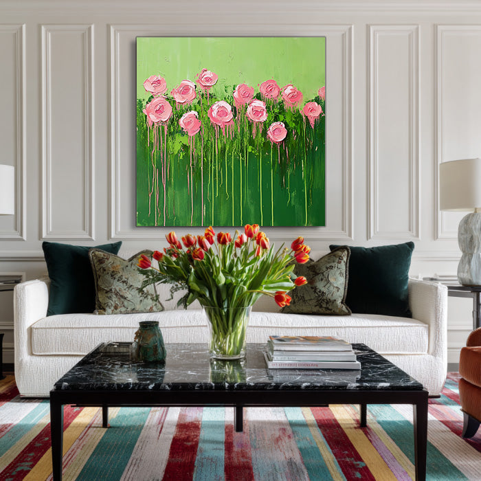 Spring Garden - Modern Impasto Drip Pink Rose Wall Art