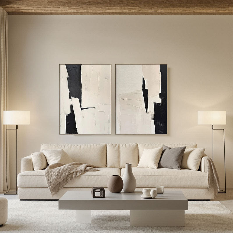 Textured Black & Ivory Abstract Panel Wall Art Set of 2