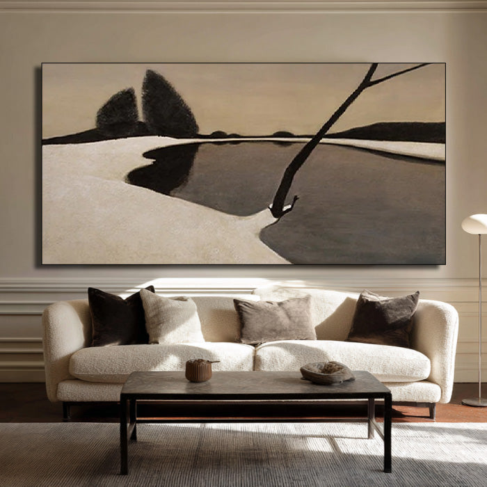 Solitude in Monochrome - Wabi Sabi Geometric Abstract Lake Wall Art