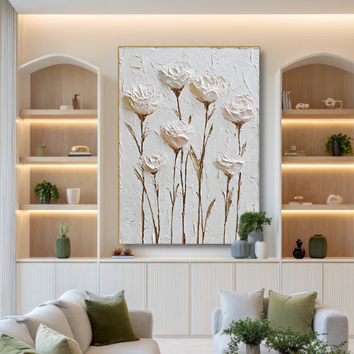White Silence - Modern Impasto Cream Rose Abstract Wall Art
