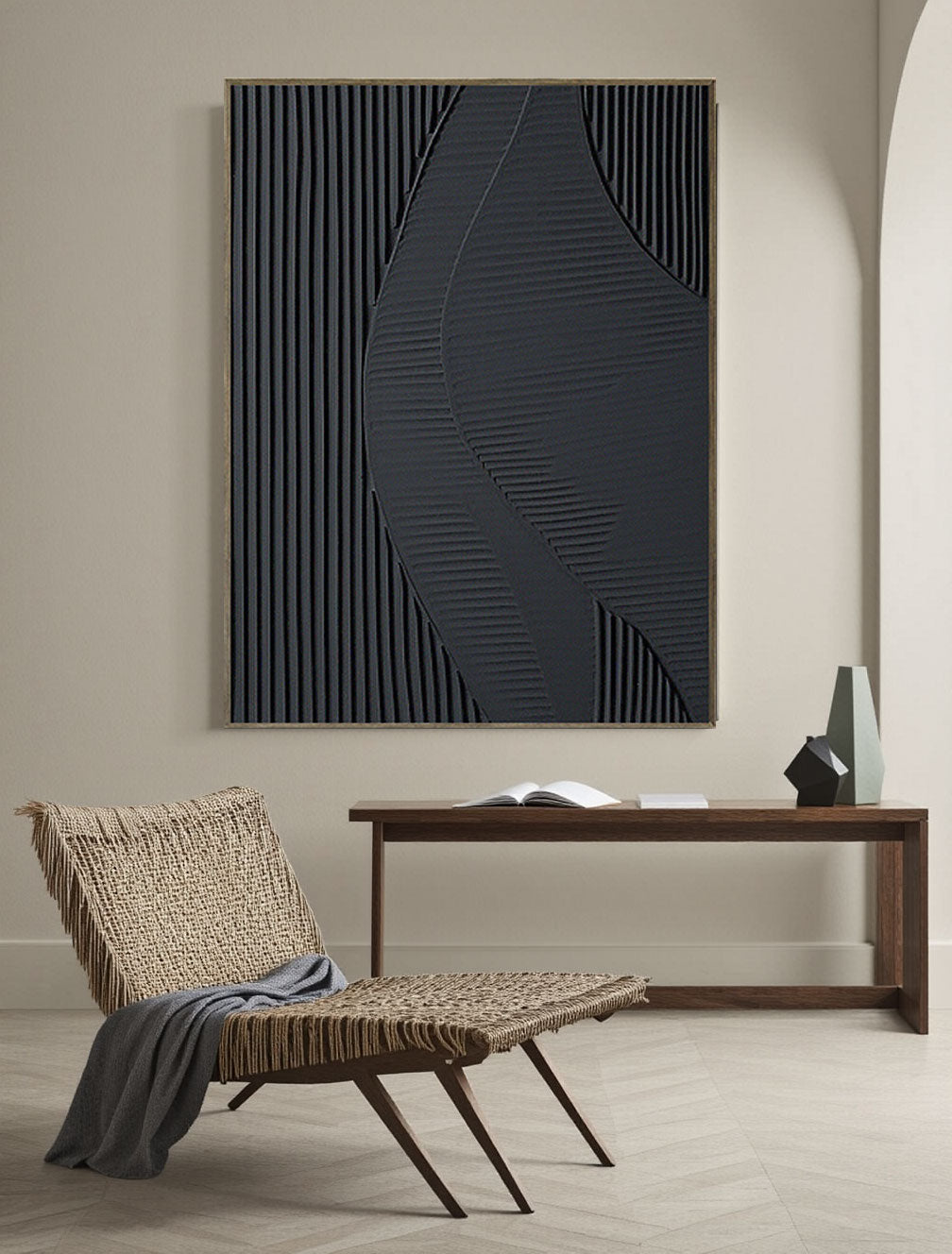 Modern Black Wave Curve Textured Wall Art