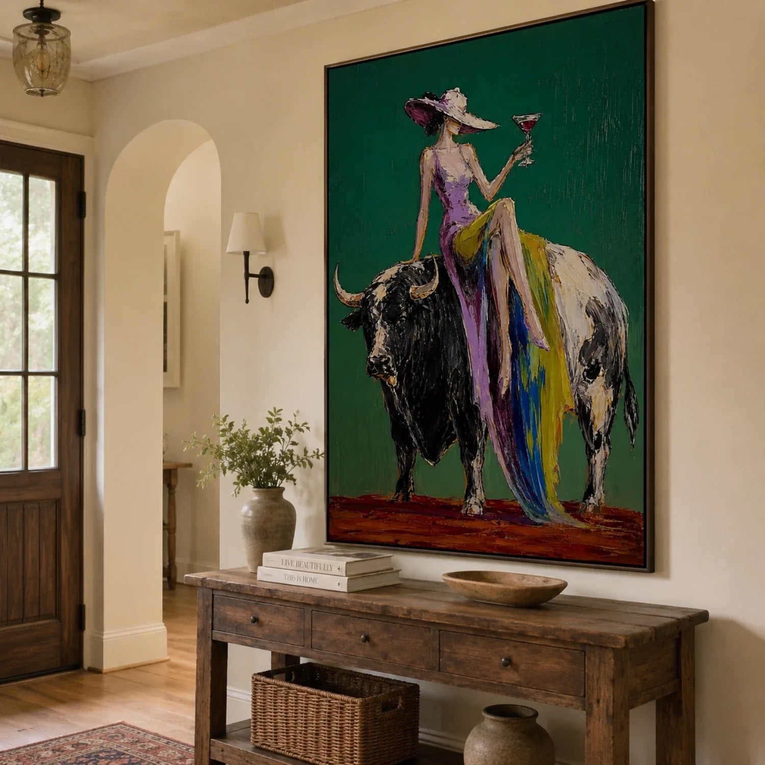Woman Riding Bull on Emerald Wall Art