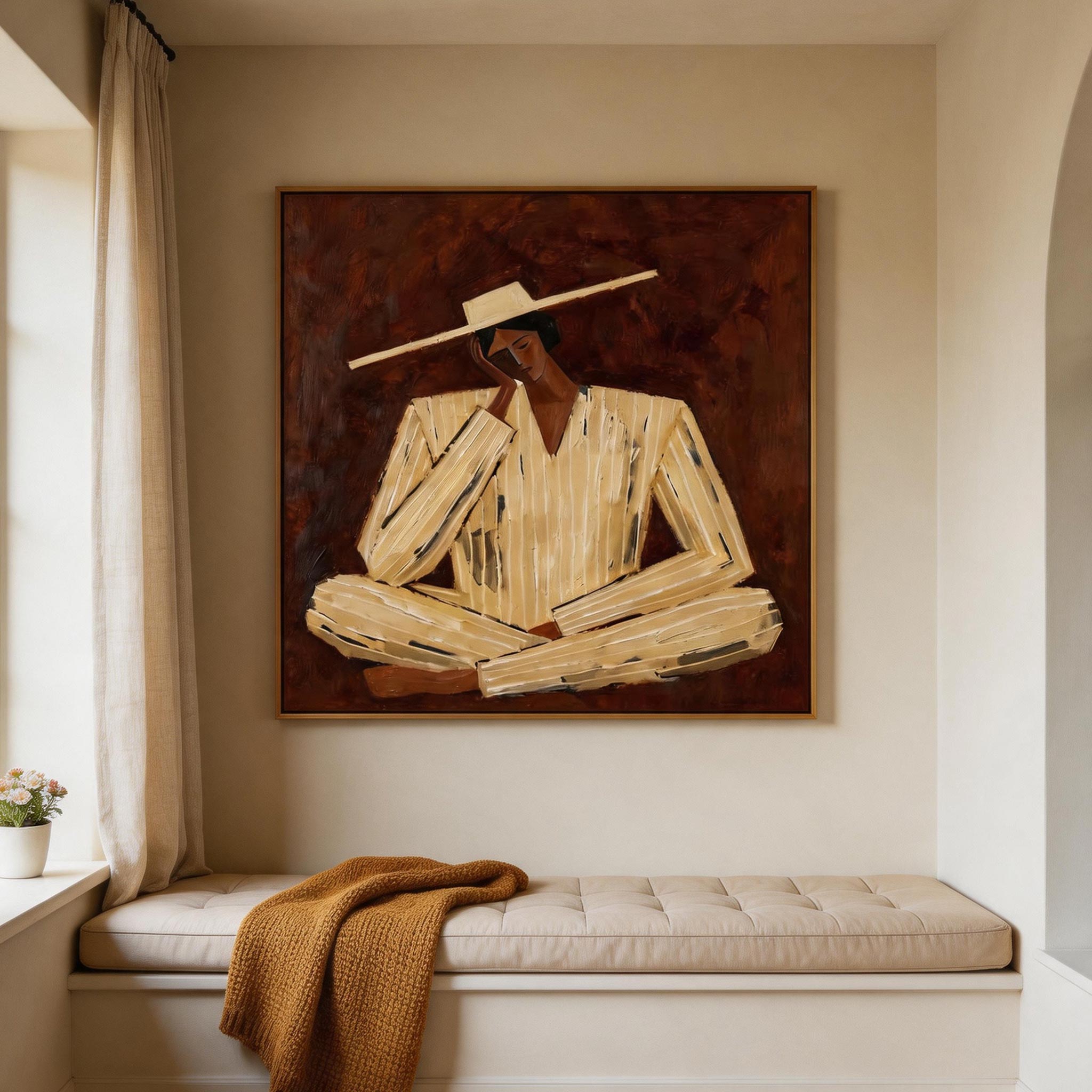 Still — Seated Figure in Wide Hat Canvas Wall Art, Ochre & Oxblood