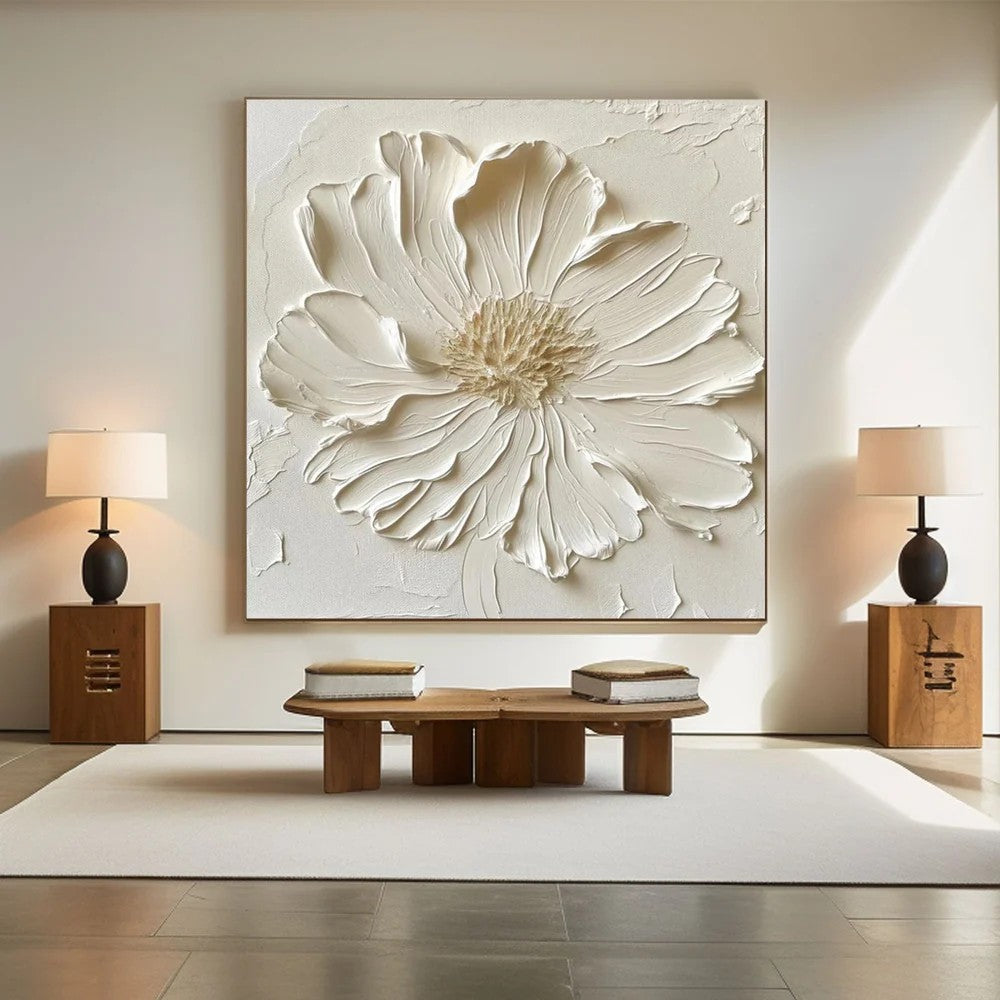 White Textured Flower Wall Art – Minimalist Relief Canvas