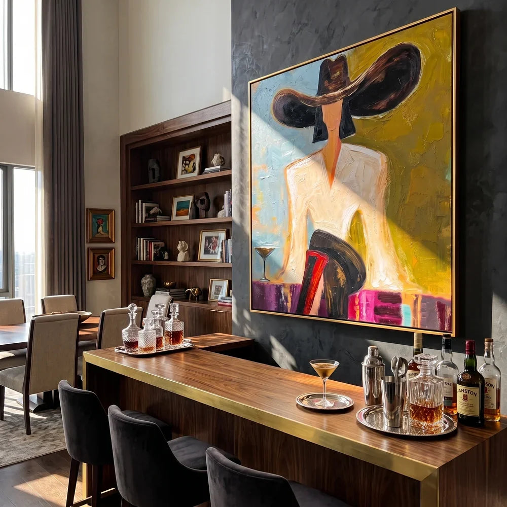 Flat-Toned Wide Brim Hat Figure Wall Art